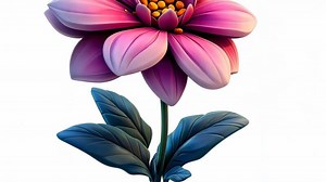 Download 3d icon of a stunning pink and white flower with large spring petals and green leaves, set against a transparent background for free