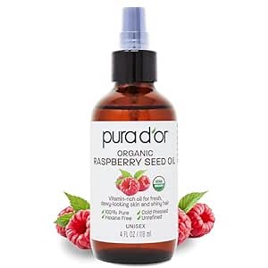 PURA D'OR 4 Oz ORGANIC Raspberry Seed Oil - 100% Pure USDA Certified, Cold Pressed Unrefined, Hexane-Free, Premium Grade - Sun Protection For Skin, Body & Hair