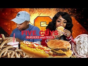 5 Guys Triple cheese burger, Cajun fries, double lettuce cheese burger, and loaded cheese hotdog