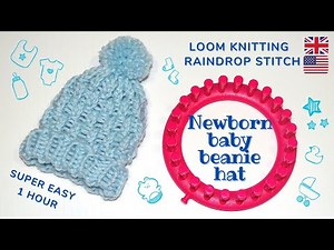 Loom knit NEWBORN BABY hat with raindrop stitch - SUPER EASY (1 hour!) - ENGLISH TUTORIAL