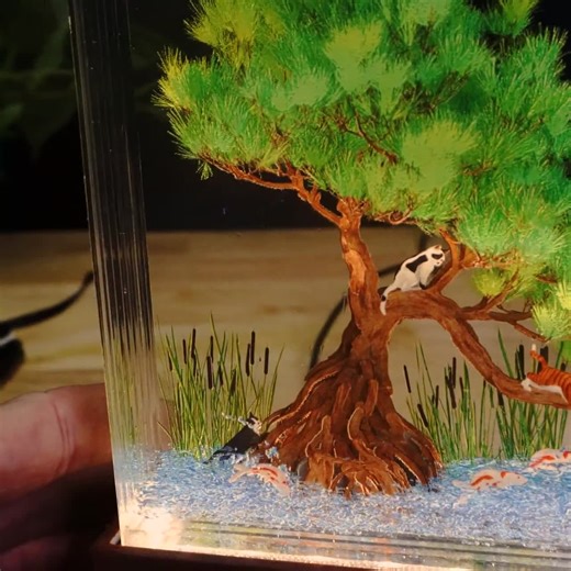 Bonsai Tree Sculpture With Koi Fish and Cats Resin Light - Etsy
