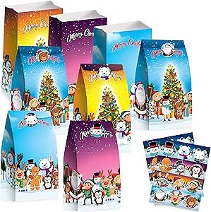 ArtCreativity 24 PCS Christmas Goodie Bag, Holiday Treat Boxes with 24 Stickers, Christmas Goodie Bags for Kids with Sealing Stickers for Candy Boxes, Cookie Box, Party Favor Boxes for Toys