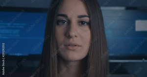 Close up face of Young Woman at binary code background