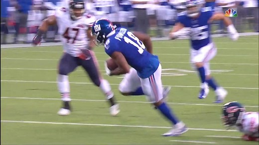 Fowler pinballs off would-be tackler for Eli's first preseason TD pass