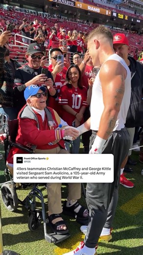 Front Office Sports on Instagram: "49ers teammates Christian McCaffrey and George Kittle shared a pregame moment with Sergeant Sam Avolicino, a 105-year-old World War II veteran who served in the U.S. Army Air Forces. (🎥 via @nfl)"