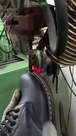 Before distribution, shoe soles are tightened and heated with fire to improve bonding and durability