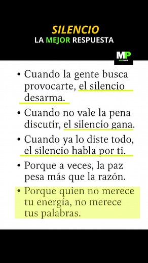 💭 SILENCIO: la mejor respuesta. Cuando alguien busca provocarte, el silencio los desconcierta. Cuando una discusión no tiene sentido, el silencio te protege. Cuando ya diste todo, el silencio habla más fuerte que las palabras. 🧘‍♀️ La paz pesa más que la razón. Porque quien no merece tu energía, no merece tu voz. ✨ Aprende a responder con calma… y verás cómo todo cambia. #MentePower #Motivación #FuerzaMental #Sabiduría #CrecimientoInterior #PazMental #Inspiración #DesarrolloPersonal #Autocontr