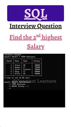 SQL Interview Ques #1 | Find 2nd Highest Salary | Step-by-Step for Beginners #sqlinterviewquestions