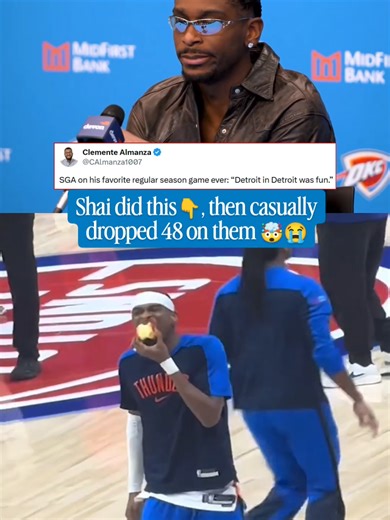 SGA on his favorite regular season game ever: “Detroit in Detroit was fun.” In this game Shai scored 48 points while shooting 17/26 from the floor, including 4/6 from 3-point range, and added six assists and three steals as the Thunder beat the Detroit Pistons 113-107. #shaigilgeousalexander #okcthunder #denvernuggets #gamewinner