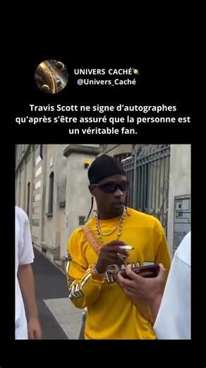 UNIVERS_CACHÉ on Instagram: "Croyez-moi, ce compte ne réapparaîtra pas… Alors n’hésitez pas à le suivre ! Quand des fans lui demandent un autographe, Travis Scott leur lance parfois un petit défi pour vérifier leur sincérité. Lors de sa tournée européenne, il a même demandé : « Quel est le nom de ma première mixtape ? » avant de signer. Ce moment, devenu viral, illustre sa manière originale de reconnaître qui connaît vraiment son parcours musical. Outre ce test inhabituel, Travis Scott est égale