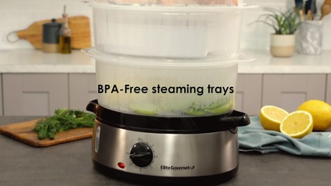 Elite Gourmet Maxi-Matic Electric Food Vegetable Steamer with BPA-Free 3 Tier Stackable, Nested Basket Trays, Auto Shut-off 60-min Timer, 800W, 9 Quart, Stainless Steel