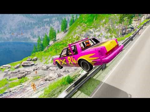 BeamNG Drive Pink Derby Car Falls Off Cliff Into Lake! Crash Compilation | Beam Crash Nation