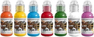 World Famous Tattoo Ink 7 Color Simple Set - Vegan, Color Tattoo Ink Set - Compact Bottles Safe for Convention Travel - Made in America - Professional Midtone Shades (7 Pieces, 0.5 oz Each)