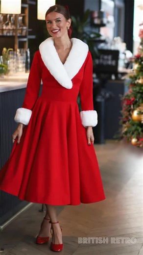 2.1K views · 1.9K reactions | Our iconic Christmas dress is back in all its full festive glory. Cut from luxe drape crepe and sumptuous soft faux fur. Make it a magical one to remember forever, with our “From Kitty with Love” dress✨⭐️ All pre-orders have been sent to you soon to be Queens of Christmas❤️ #britishretro #britishretroclothing #vintageinspired #christmasdress #50sstyle #madeinuk | British Retro | Facebook