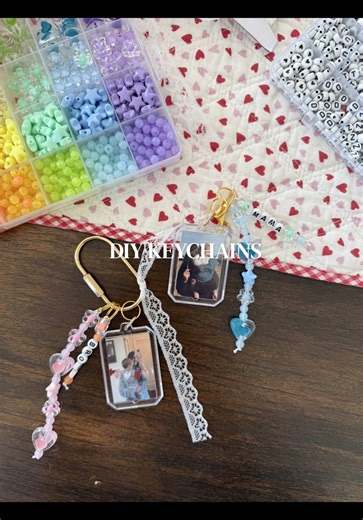 keychains bag charms with pictures of my baby, of course 🥹🔑💗 I’m obsessed with these little photo frame keychains and how perfectly they pair with the beaded charms 💌 send this to someone you’d make these with!! #craftnight #girlsnight #diykeychain #girlsnightcraft #valentinescrafts