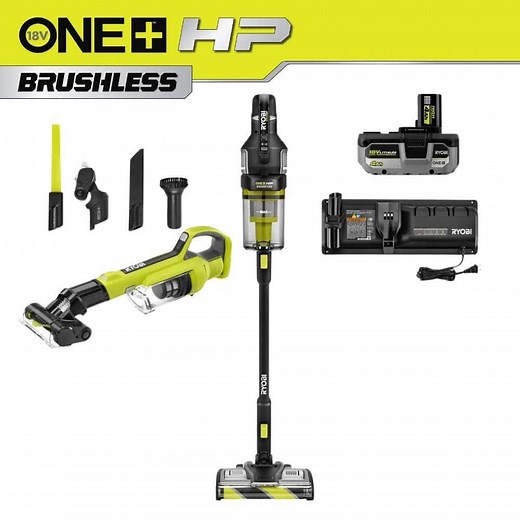 RYOBI ONE  HP 18V Brushless Cordless Advanced WHISPER Series Stick Vacuum Kit with Hand Vacuum, 4.0 Ah Battery, and Charger PBLSV719K-PCL700B - The Home Depot