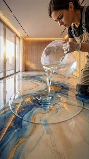 Sarah's Creativity on Instagram: ""Marblight | Luxe Living Room by Sarah’s Creativity" A living room where marble swirls beneath your steps. Designed by Sarah’s Creativity, this modern retreat features a high-gloss epoxy floor with abstract waves of blue, gold, and cream, creating the illusion of walking on liquid marble. Plush gray sofas, a marble coffee table, and sculptural lighting enhance the artistic theme, while large abstract paintings echo the floor’s palette for a cohesive design. Floo