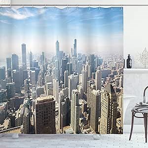 Ambesonne Cityscape Shower Curtain, Aerial View of Chicago USA Tall Buildings Contemporary Architecture Skyscrapers, Cloth Fabric Bathroom Decor Set with Hooks, 69" W x 70" L, Sky Blue Ecru