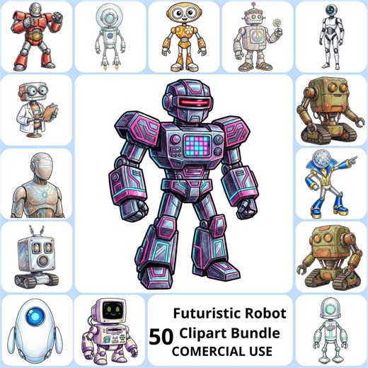 Futuristic Robot Clipart PNG Bundle, Cute AI Character Graphics, Retro Sci-fi Bot Art, Tech Machine Illustrations, Cartoon Android Decor - Etsy