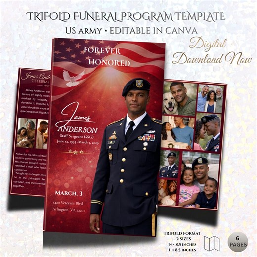 Military Funeral Program Template Trifold, Army Memorial Service, Editable Canva Printable Obituary 14x8.5 11x8.5 - Etsy Australia