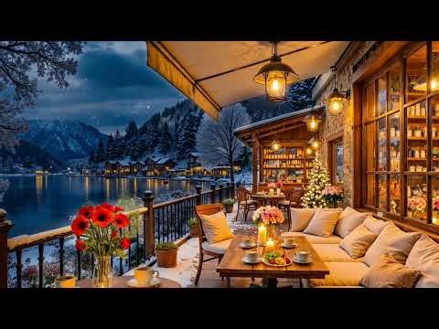 Cozy Winter Lakeside Cafe | Falling Snow Sounds & Ambient Music for Relaxing, Study & Sleep