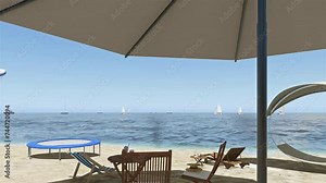 Ultra high definition empty beach scene 3d rendering animation video, Blue sky and ocean with yellow sand on the beach. Stock Video