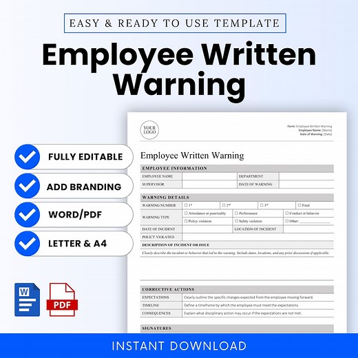 Employee Written Warning Template (word, PDF) | Editable Employee Warning Notice Template, Employee Discipline Form, Employee Write Up - Etsy