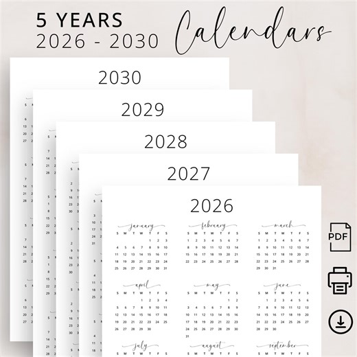 2026-2030 Yearly Calendar 5 Years Wall Calendar 2026 to 2030 Annual Calendar 2026 2027 2028 2029 2030 Printable PDF A3 A4 US Letter Elegant - Etsy Canada