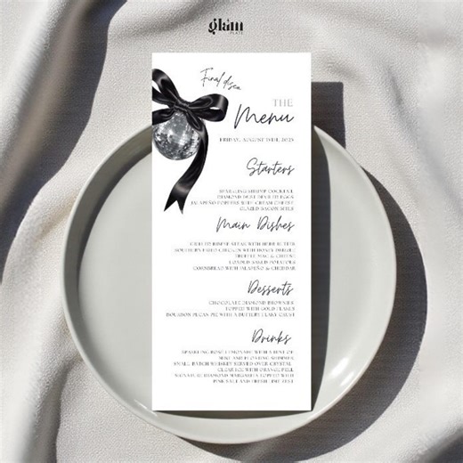 Black Coquetteful Glitz and Glam Editable Menu 4x9 Template, Editable Canvas Menu,disco Bachelorette Theme,disco Birthday Theme GD1 - Etsy