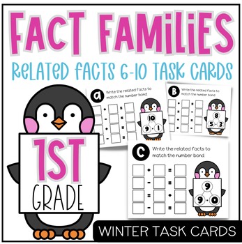 Winter Addition & Subtraction Fact Families Task Cards | Facts 6–10 | 1st Grade