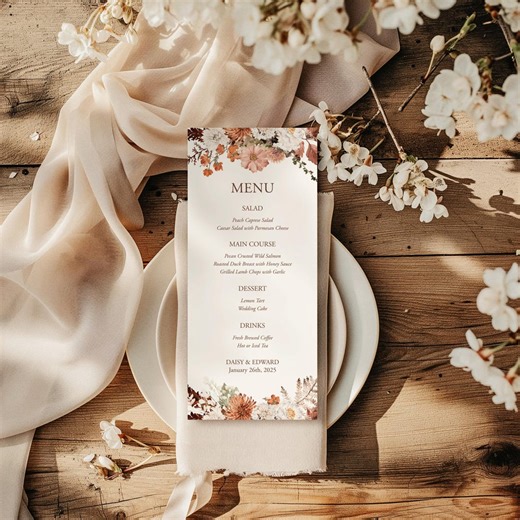 Fall Wedding Menu Template, Rustic Autumn Floral Editable Corjl Reception Dinner Instant Download Printable Bridal 113 - Etsy