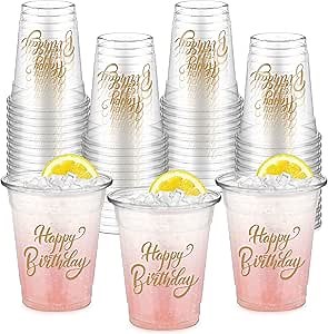 50 Pcs Happy Birthday Cups 12 oz Plastic Birthday Party Glasses Clear Disposable Drinking Cups for Home Kitchen Theme Party Favors Supplies Decoration