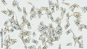 3d dollars bills falling down white screen chroma key, money Rain overlays with alpha matte blending. Banknotes money are falling and forming rain effect. dollar bills falling down Alpha mate.