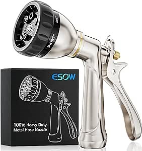 ESOW Garden Hose Nozzle 100% Heavy Duty Metal, Water Hose Sprayer with 7 Watering Patterns, Rear Trigger Design, High Pressure Nozzle Sprayer for Watering Plants, Car and Pet Washing