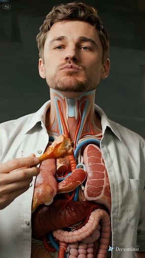 A 3D animation of a man eating meat Show the process starting from biting, chew