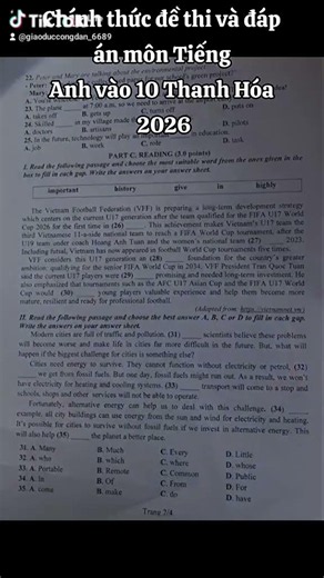 Chính thức đề thi và đáp án môn Tiếng Anh vào 10 Thanh Hóa 2026