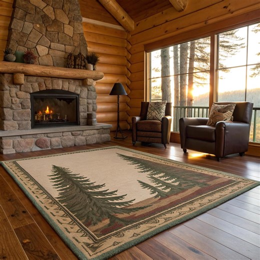 Forest Pine Tree Handmade Wool Rug | Rustic Cabin Green Area Carpet | Vintage Nature Custom - Etsy