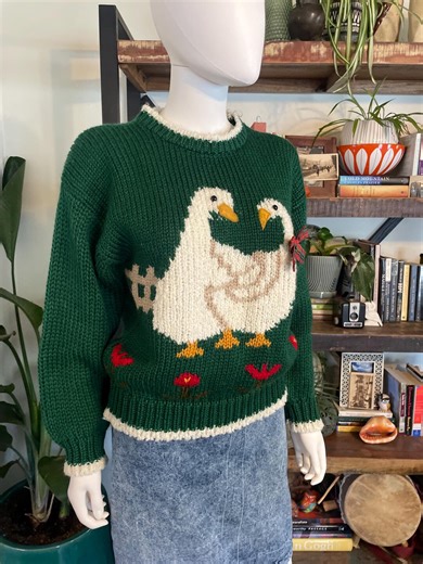 Vintage 80s Geese Ducks Green Sweater Far & Near Chunky Knit Evergreen Pull Over Cottagecore Grandmacore Size Large - Etsy