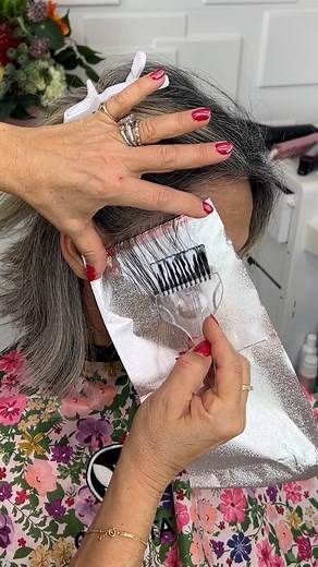 Nani's New Color Recipe!😍😍😍 Everything you need to know about here color is here: Nani's True Color: Darkest Brown, 60% Gray Ingredients: Eugene Perma P7 Solaris Lightener Eugene Perma Oxycream 20 Volume Developer Redken Shades EQ 10P Redken Shades EQ Processing Solution Calista Jousse Cleanse Calista Jousse Mend Masque Foils Instructions: Mix Lightener 20 Volume Developer to a smooth, moist consistency. Using the foils, create heavy slicing around the face, medium at the crown, and light in 