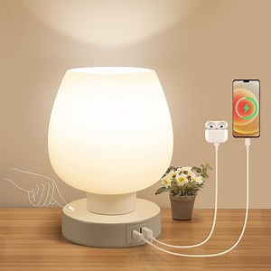 Bedside Lamp, Touch Control Table Lamp with USB A C Charging Ports, 3-Way Dimmable Small Nightstand Lamp with Glass Lamp Shade for Bedroom Living Room