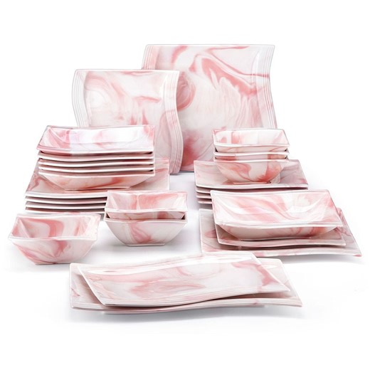 MALACASA 26-Piece Porcelain Dinnerware Set, square Dish sets for 6, pink