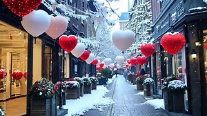 The camera pans across a beautifully lit street at night, filled with Valentine's Day-themed window displays and couples walking hand in hand.