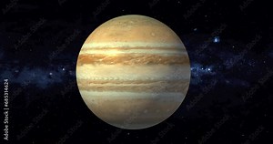 Jupiter 4k seamless animation of a spinning planet with a milky way background. Rotating Jupiter on milky way space background. Animation of planet Jupiter. Realistic 3D render of Jupiter. 4K footage