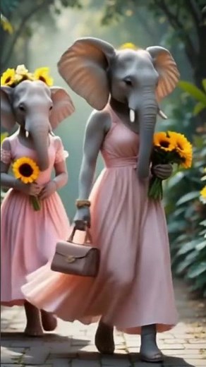 graceful anthropomorphic female elephant walking gently in a flowy pink dress 🐘🐘