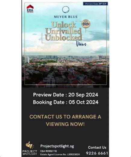 🏠 226 Exquisite Homes ⭐ At the Edge of the City Centre 👍 Freehold Tenure 🌈 Breathtaking Panormaic Views ✔ Renowned Developers - UOL & Singapore Land 📱 Get in Touch with us with the Latest Updates. Contact us to receive the latest floorplans, brochure, map, and more. Visit our Website @ www.projectspotlight.sg Whatsapp me @ 92266661 #sgproperty #WeAreERA #MeyerBlue #LaunchingSoon
