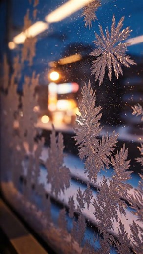 Winter Tram Window! Frost Flowers Reflect Warm Light