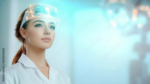 Future Forward: A visionary woman dons a cutting-edge brain-sensing device, an illuminated bridge between present and future, in a sleek, science-inspired setting.