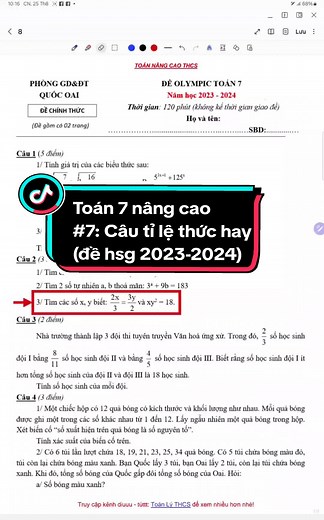 Phần 7 | Toán 7 nâng cao | Câu tỉ lệ thức đề huyện Quốc Oai 2023-2024 #xuhuong2024 #math #hoctoantrentiktok #toannangcaothcs #hoctoan #toan7