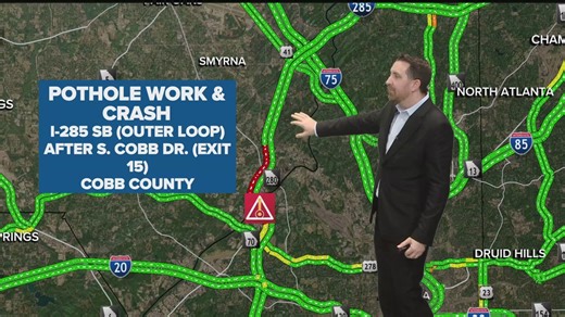 Pothole repair, crash causing delays on I-285 SB in Cobb County