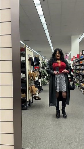 Busty Cross Dresser 179 Trip to Nordstroms in Crocodile Stiletto Boots, Skater Skirt and Red top